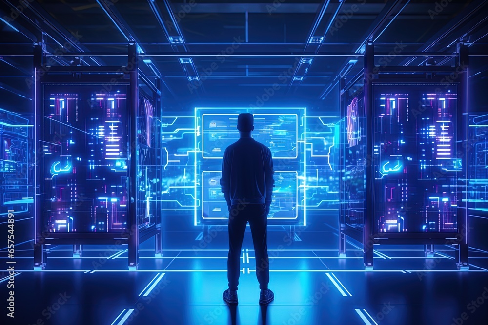 High-Tech Data Center with Business Person in Tron Neon Lights High-Tech Data Center with Business Person in Tron Neon Lights