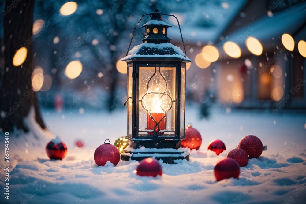 Christmas decoration with a lantern in the snow in a winter park with beautiful bokeh. Generative Ai.