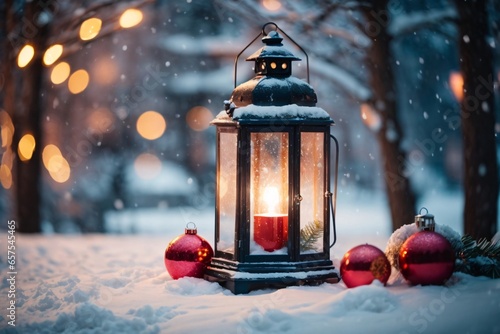 Christmas decoration with a lantern in the snow in a winter park with beautiful bokeh. Generative Ai. © kapros76
