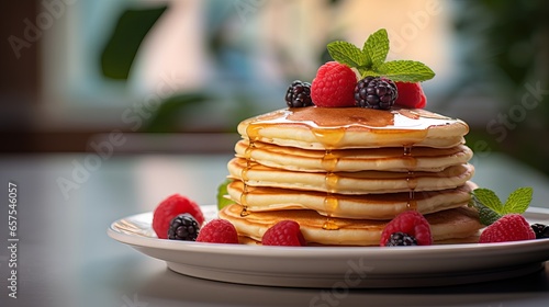 Delicious and Fluffy Pancakes with Fresh Berries and Maple Syrup on a White Plate