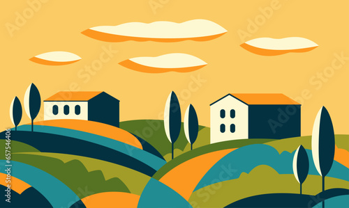 Colorful rural scene with houses and farms