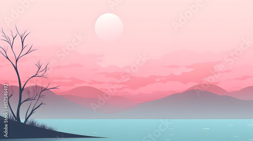 Abstract Background, sunset in the mountains, lake view 
