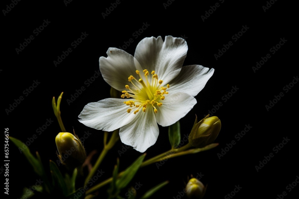 A white and yellow flower with green stems against a black background. Generative AI