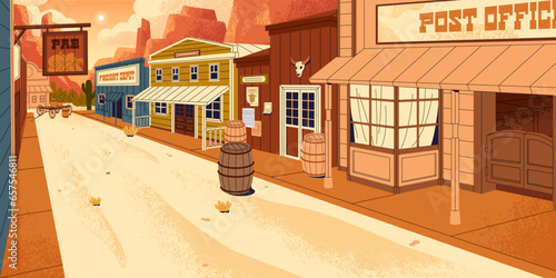 Wild west city. American town in desert. Sunny old street with bar, store, tavern, hotel. Empty sand road between texas buildings, western facades. Cowboy country panorama. Flat vector illustration