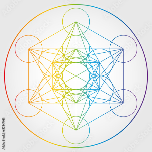Cube de Métatron Illustration Couleurs arc-en-ciel Géométrie sacrée Symbole Vecteur Design Cercle Spiritualité Univers Mandala Étoile colorée