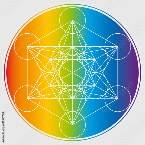 Cube de Métatron Illustration Couleurs arc-en-ciel Géométrie sacrée Symbole Vecteur Design Cercle Spiritualité Univers Mandala Étoile colorée