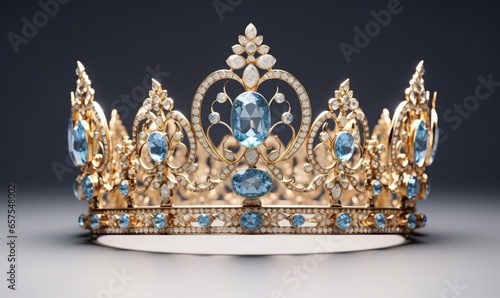 Photo of a luxurious gold crown adorned with sparkling blue gemstones