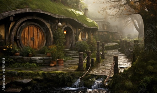 Photo of a charming hobbit house nestled beside a babbling stream