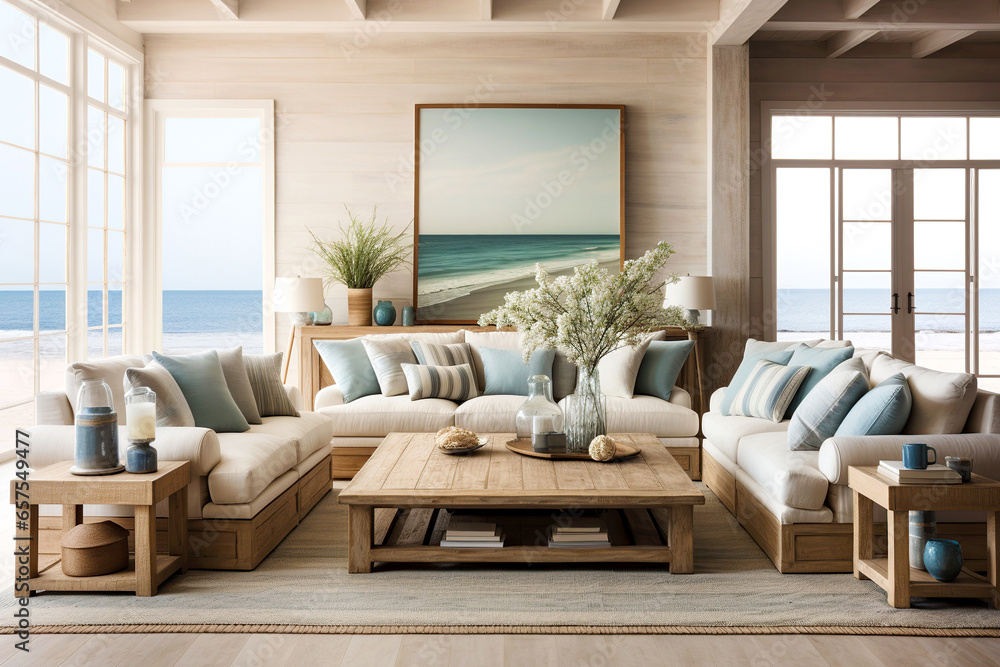 Obraz na płótnie Fabric sofas with turquoise pillows. Coastal home interior design of modern living room in seaside house. w salonie