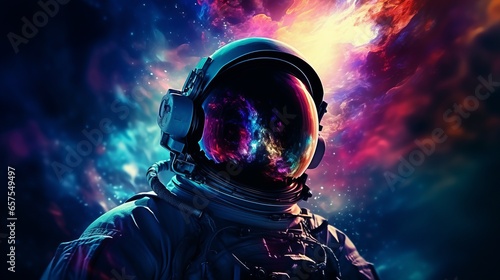 A man in a space suit standing in front of a colorful background © cac_tus