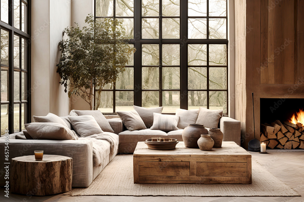 Naklejka premium Rustic aged barn wood coffee table near grey sofa against big grid windows. Farmhouse home interior design of modern living room.