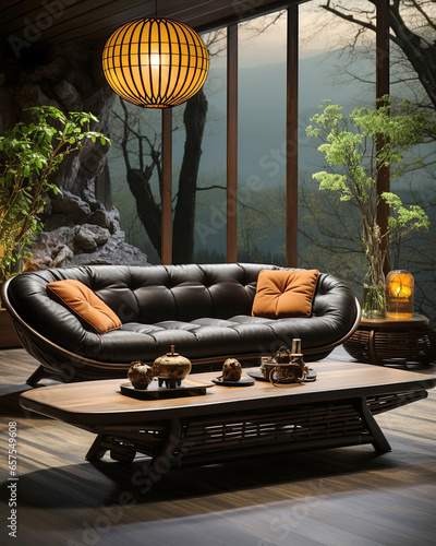 Japanese zen style home interior design of modern living room at night.