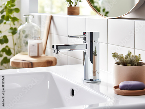 White square vessel sink and chrome faucet. Minimalist interior design of modern bathroom.