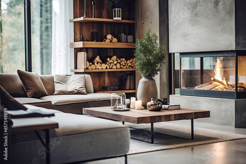 Grey corner sofa by glass fireplace. Minimalist home interior design of modern living room.