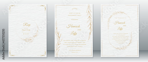 Golden design luxury wedding invitation card template with gold frame leaf wreath ornament and watercolor texture background