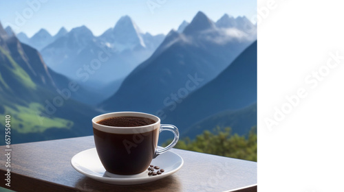 Cup of coffee with mountain with sun in the background