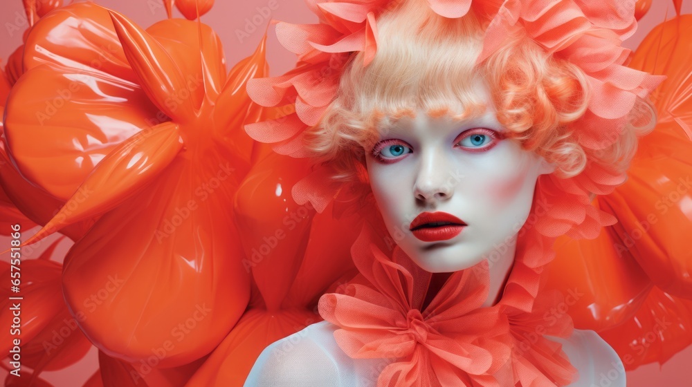 Close up of the blonde with orange decoration on her head and around her neck. Orange rubber shapes in the background. Model with orange makeup and red lipstick on her lips.