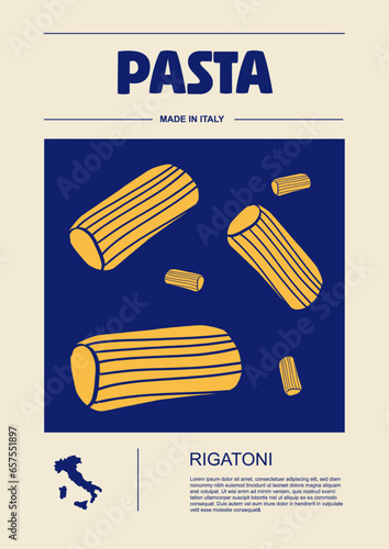 Italian macaroni types, labels for packages set. Rigatoni pasta. Organic and natural product, gourmet ingredient for cooking dishes. Handmade and tasty. Vector in flat style