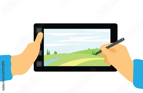 Hands of Graphic Designer Drawing on a Tablet