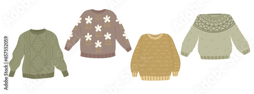 Collection of warm cozy sweaters. Women's fall wardrobe. Vector illustration