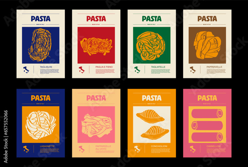 Italian macaroni types, labels for packages set. Tagliolini, paglia e fieno, tagliatelle, pappardelle, lasagnette, conchiglioni, cannelloni, all'uovo pasta. Organic and natural product. photo
