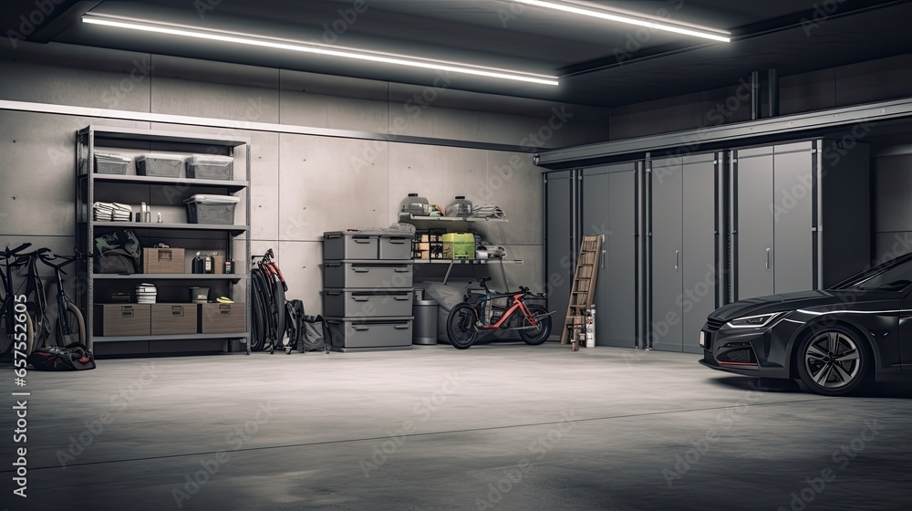Spacious garage with minimalist elements.