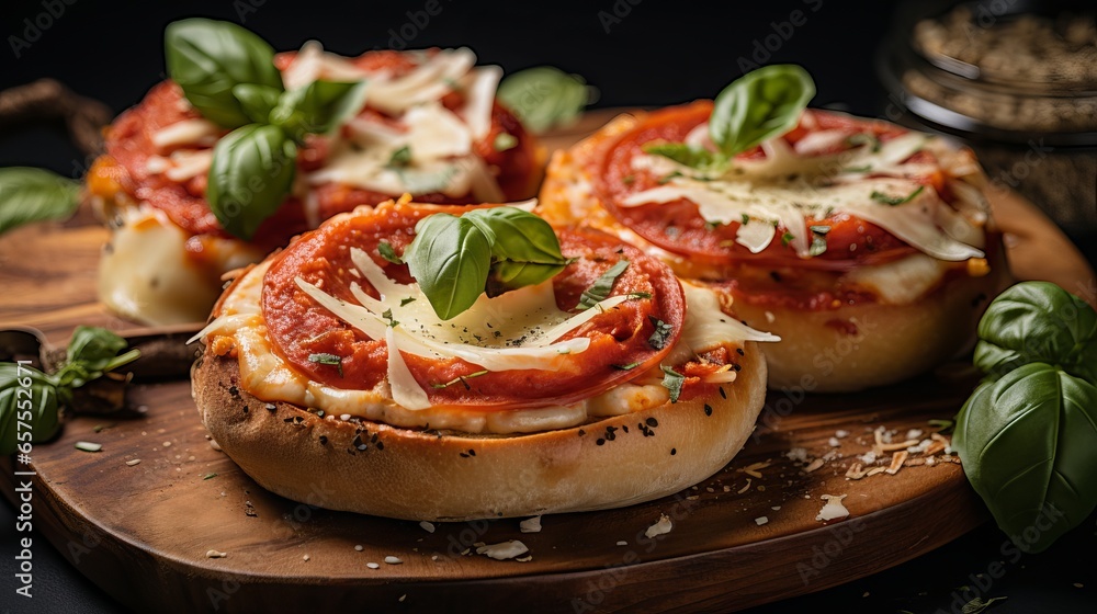 Sliced Bagel with Melty Pizza Cheese and Fresh Basil - Delicious Food Photography Sliced Bagel with Melty Pizza Cheese and Fresh Basil - Delicious Food Photography