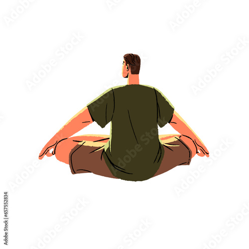 Man sitting in yoga asana, lotus pose back view. Person relax, rest in retreat, care about mind, mental wellness. Spiritual practice. Meditation flat isolated vector illustration o white background