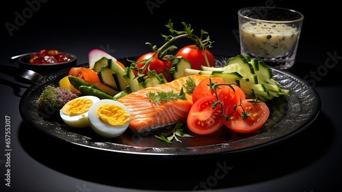 Delicious and healthy starter plate with assorted appetizers, dips and bread