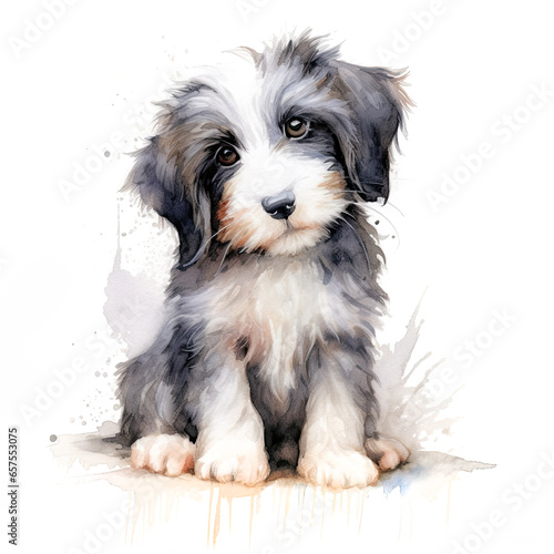 Bearded collie puppy. Stylized watercolour digital illustration of a cute dog with big brown eyes.
