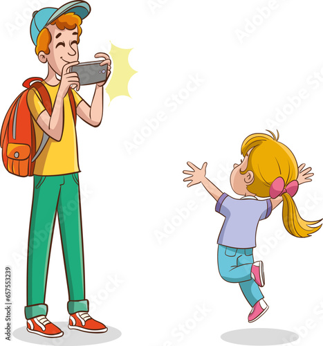 vector illustration of father taking photos of his children