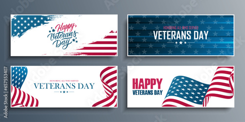 US Veteran's Day Celebration Set. United States Veterans Day greeting horizontal banners with American national flag. Vector illustration.