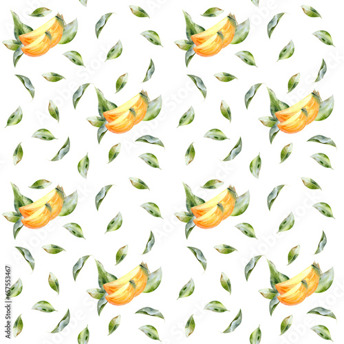 Watercolor seamless persimmon pattern with orange fruits slice and green leaves. Hand drawn harvest season background
