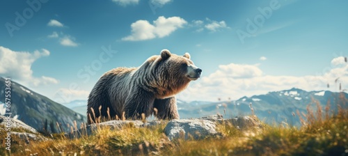 Grizzly bear at the mountains. Generative AI technology.