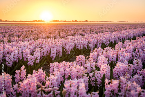 Fototapeta Naklejka Na Ścianę i Meble -  beautiful sunrise over white hyacinth field in the netherlands