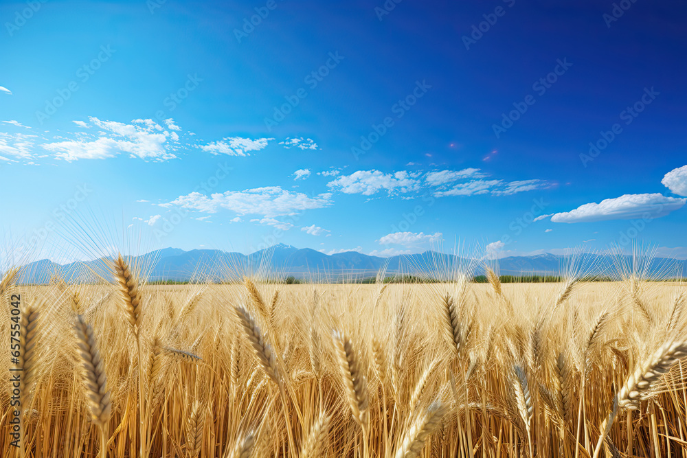 Wheat field, golden ears, rural landscape under sunlight 