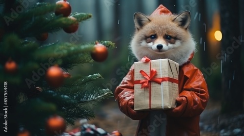 Adorable red fox in the snow holding a gift box. © banthita166