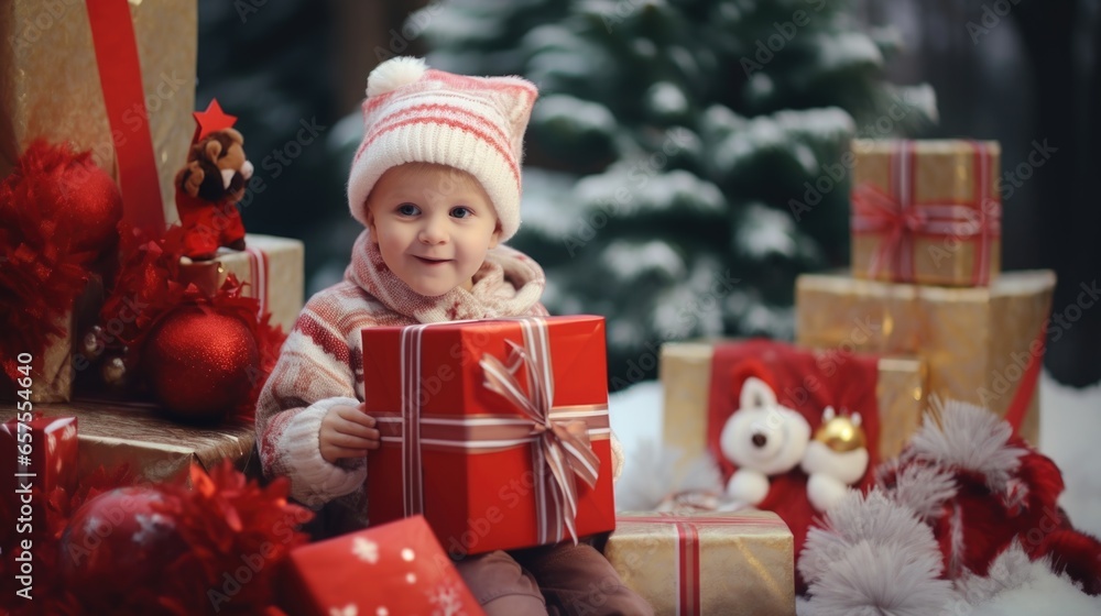 little child with christmas presents