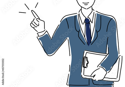 ファイルを持って説明する男性のシンプル線画（顔無し）