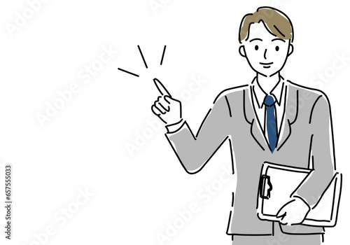 ファイルを持って説明する男性のシンプル線画