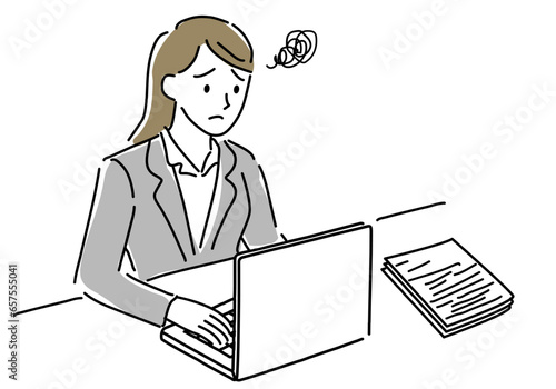 困る女性社員とノートPCのシンプル線画