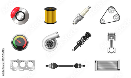 Spare parts. Car parts set. Vector 3D icons isolated on white background.