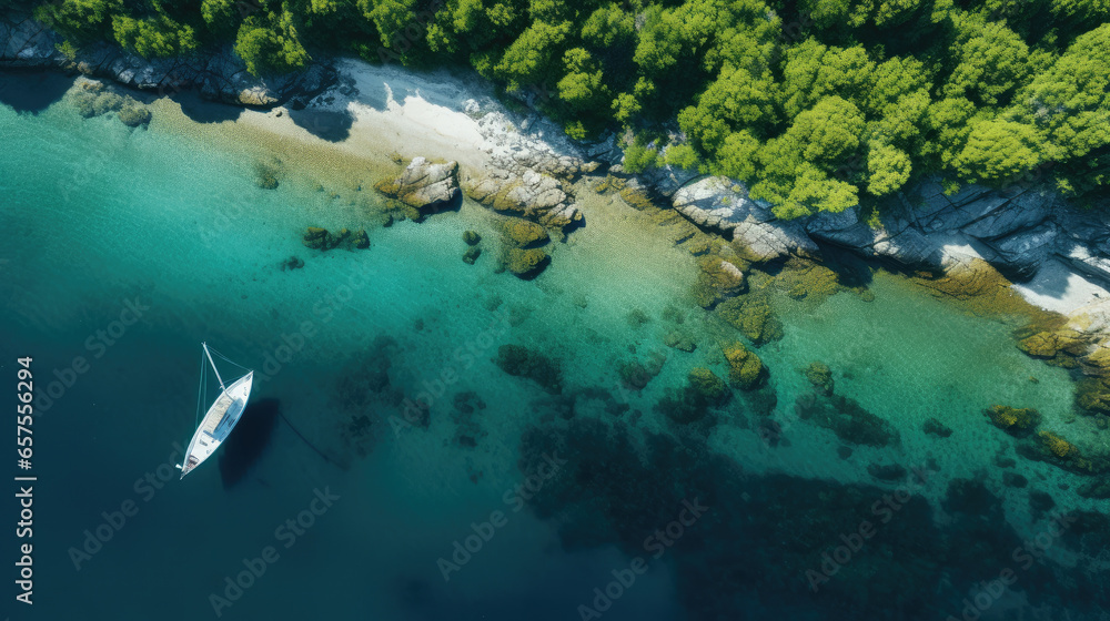 Boat moored in a cove with green forests all around aerial view