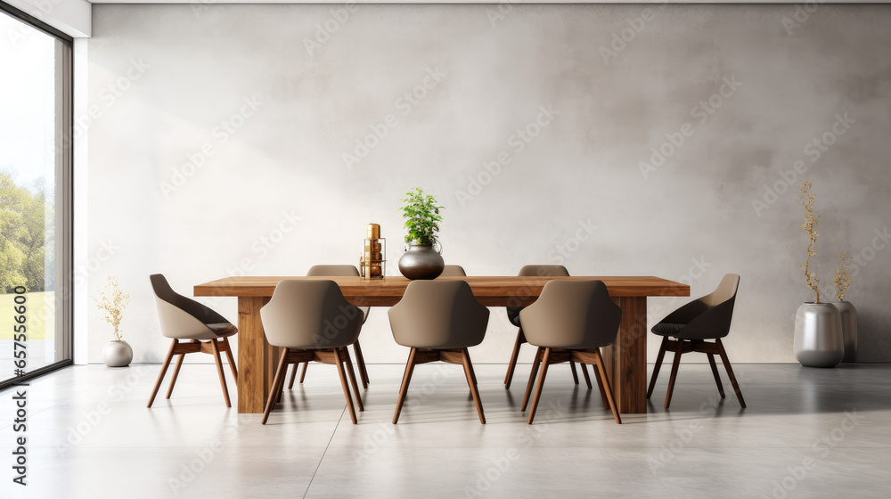 Interior design of stylish dining room interior with family wooden table, modern chairs, plate with nuts, salt and pepper shakers. Concrete floor. White wall. Interior design of stylish dining room interior with family wooden table, modern chairs, plate with nuts, salt and pepper shakers. Concrete floor. White wall.