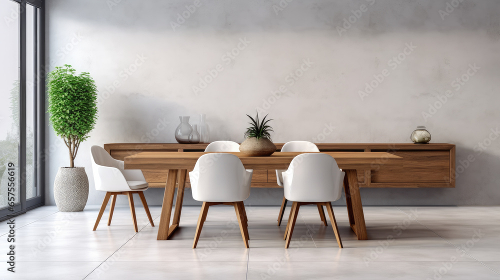 Fototapeta premium Interior design of stylish dining room interior with family wooden table, modern chairs, plate with nuts, salt and pepper shakers. Concrete floor. White wall.