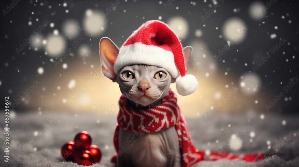Sphinx kitten wearing a santa claus hat and scarf with snowy festive background, generated with ai Sphinx kitten wearing a santa claus hat and scarf with snowy festive background, generated with ai