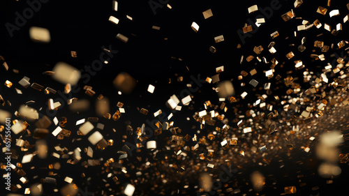 Gold confetti on black background. Festive background with golden confetti.