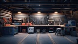 Garage workspace with an industrial touch. Emphasize workbenches, metal tools, and hanging lights. Color palette: Denim blue, gunmetal, and timber