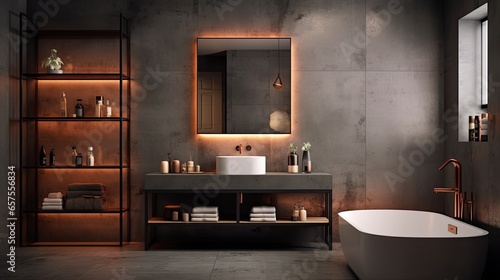 Bathroom with copper fixtures and concrete walls. Feature open metal shelving and industrial mirrors. Colors  Oxidized copper  slate  and stark white