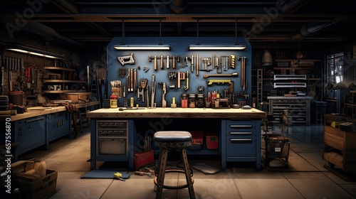 Garage workspace with an industrial touch. Emphasize workbenches, metal tools, and hanging lights. Color palette: Denim blue, gunmetal, and timber